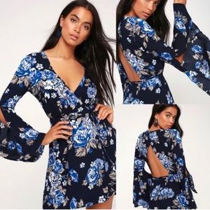 Lulu’s Once and Floral Navy Blue Bell Sleeve Open Back Mini Dress- Medium
